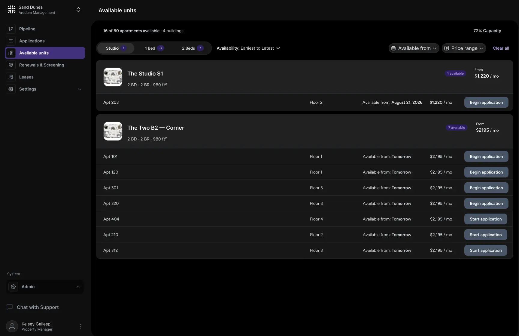NOVY Available Units — live unit availability across buildings with pricing and one-click application start.