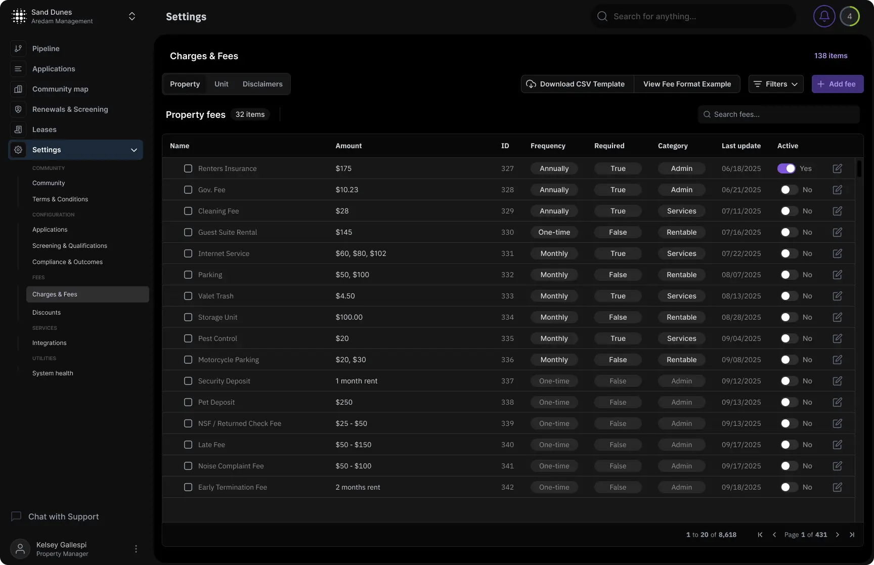 NOVY Settings — the governed charges and fees catalog that places every charge where regulations require.